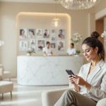 Woman reading patient reviews on smartphone in an elegant medical spa waiting area.